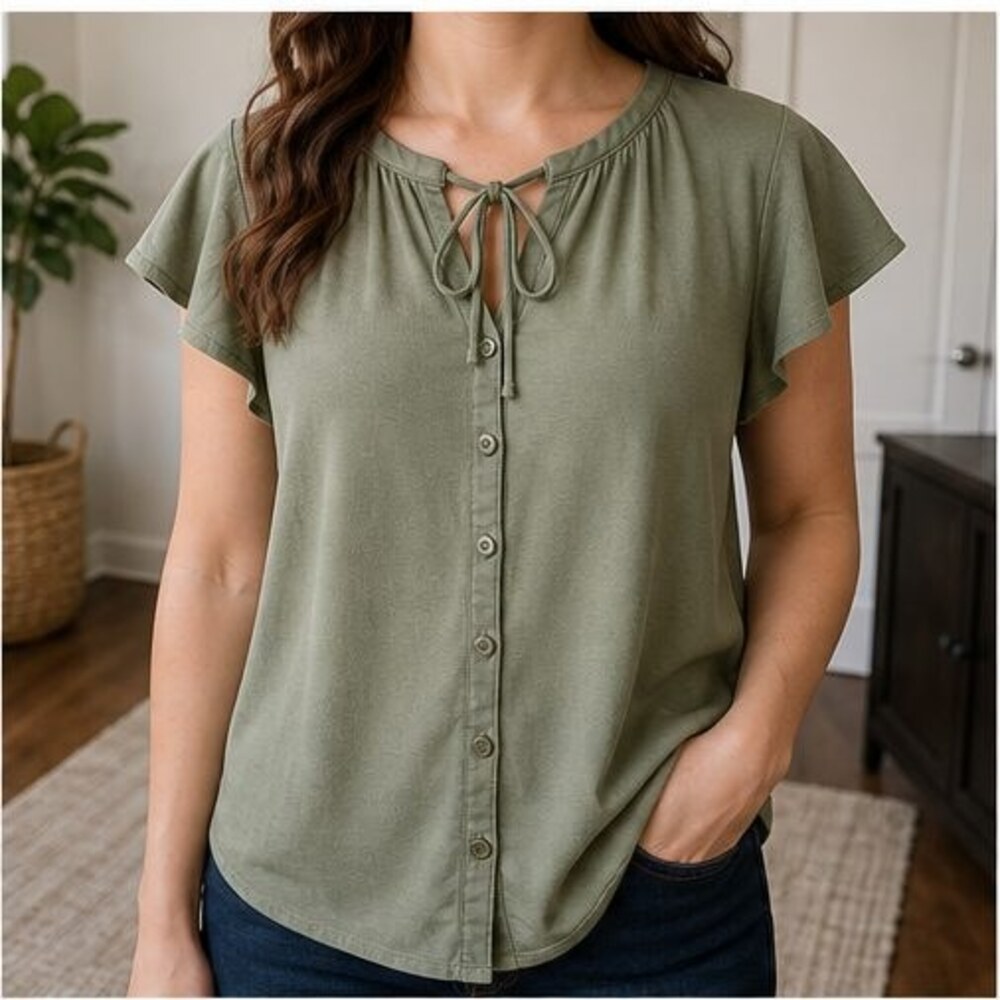 Olive V Neck Top - Picture 2 of 6
